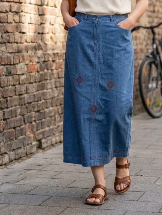 TanJay Dresses & Skirts - TanJay Vintage Cottagecore Prairie Blue Denim Embroidered Maxi Skirt Size 12